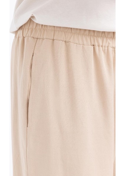 Bej-Büyük Beden Beli Lastikli Geniş Paça Keten Pantolon