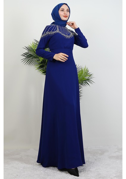 Nisan Taşlı Elbise Gece Mavi
