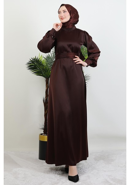 Kemerli Saten Elbise Acı Kahve