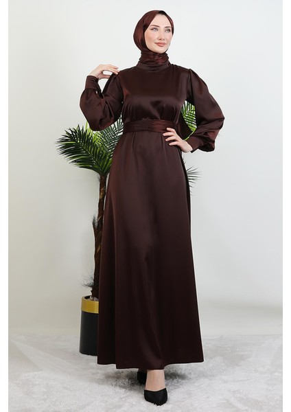 Kemerli Saten Elbise Acı Kahve modelleri