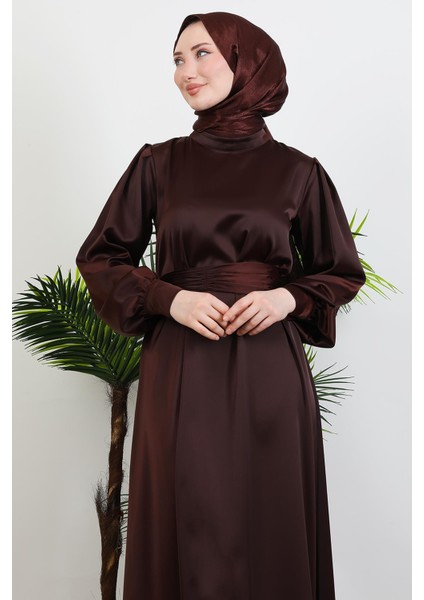 Kemerli Saten Elbise Acı Kahve indirimleri