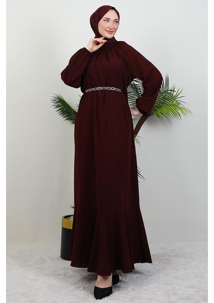 Zincir Kuşaklı Tesettür Elbise Koyu Bordo