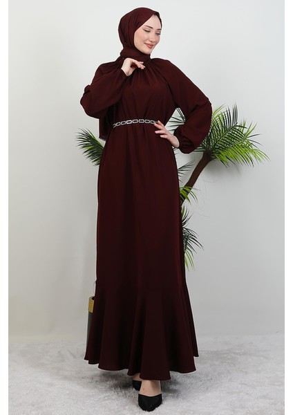 Zincir Kuşaklı Tesettür Elbise Koyu Bordo fiyatları
