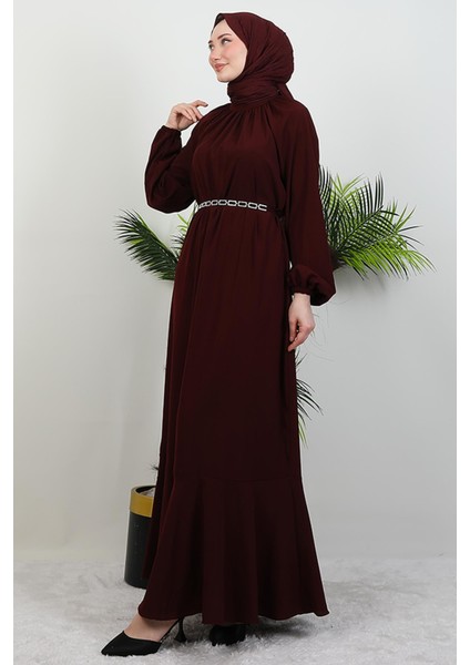 Zincir Kuşaklı Tesettür Elbise Koyu Bordo modelleri