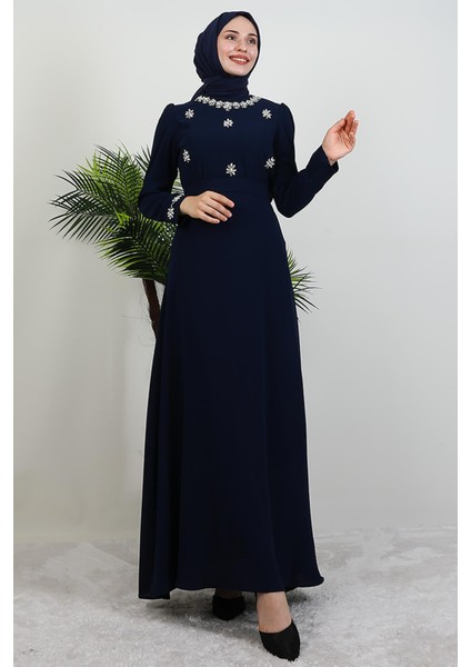 Lalin Çiçek Taşlı Elbise Lacivert