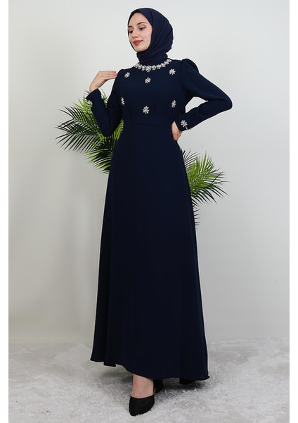 Lalin Çiçek Taşlı Elbise Lacivert fırsatları