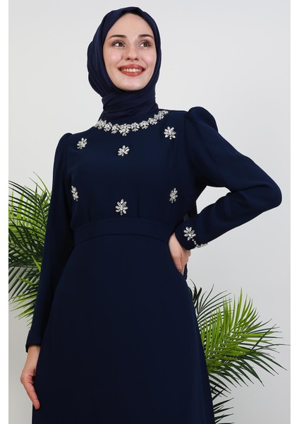 Lalin Çiçek Taşlı Elbise Lacivert indirimleri