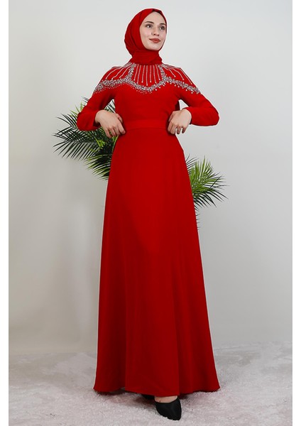 Nisan Taşlı Elbise Kırmızı