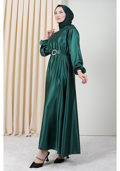 Zincir Motif Kuşaklı Elbise Zümrüt