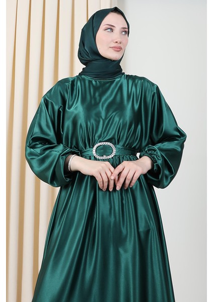Zincir Motif Kuşaklı Elbise Zümrüt indirimleri