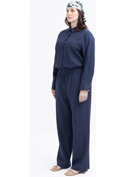 Indigo-Büyük Beden Beli Lastikli Geniş Paça Keten Pantolon modelleri