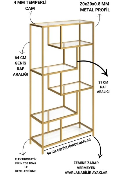 Modern 6 Raflı Gold Renk Metal Iskeletli Cam Raflı Aksesuar Rafı Kitaplık fiyatları
