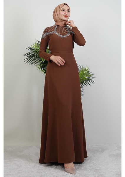 Nisan Taşlı Elbise Açık Kahve