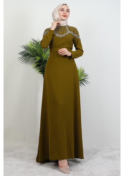 Nisan Taşlı Elbise Yağ Yeşil