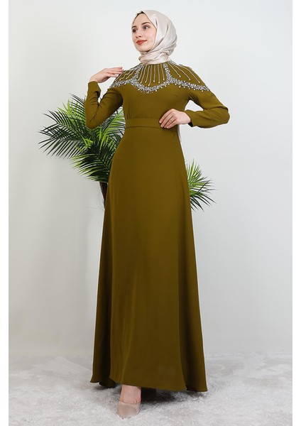 Nisan Taşlı Elbise Yağ Yeşil modelleri