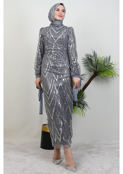 Sevil Simli Elbise Gri