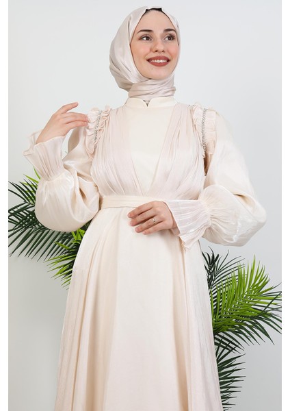 Mısra Tesettür Elbise Bej