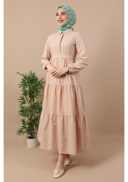 Standart Yaka Düğmeli Elbise Bej modelleri