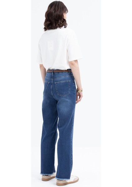 Koyu Mavi-Likralı Geniş Paça Denim Pantolon