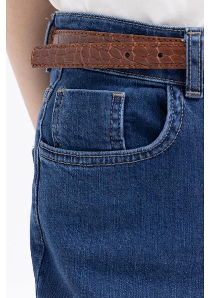 Koyu Mavi-Likralı Geniş Paça Denim Pantolon