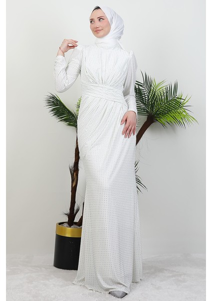 Taşlı Buzy Pileli Elbise Beyaz