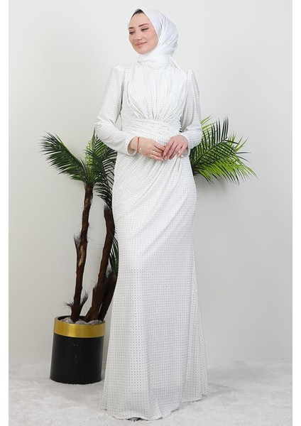 Taşlı Buzy Pileli Elbise Beyaz fiyatları