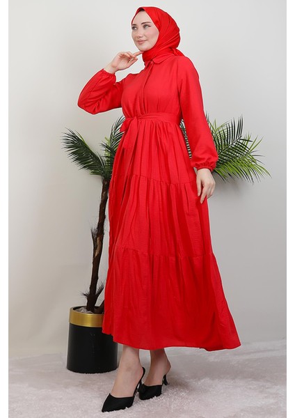 Evren Düğmeli Elbise Nar Çiçeği