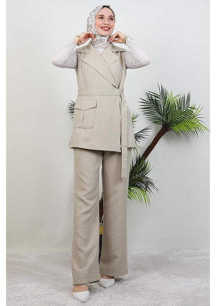 Tek Cepli Kruvaze Yaka Takım Bej