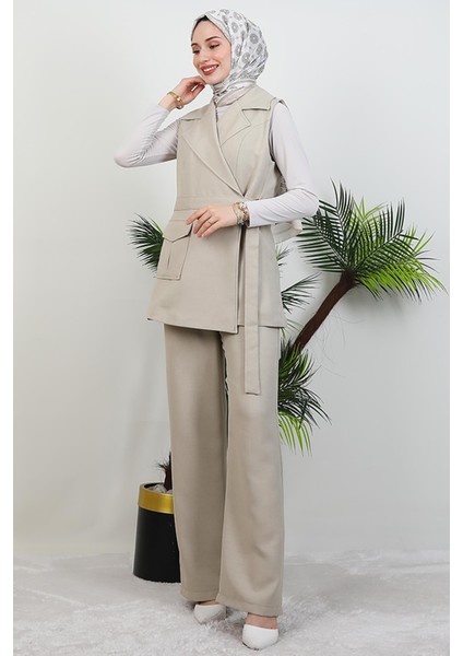 Tek Cepli Kruvaze Yaka Takım Bej fırsatları