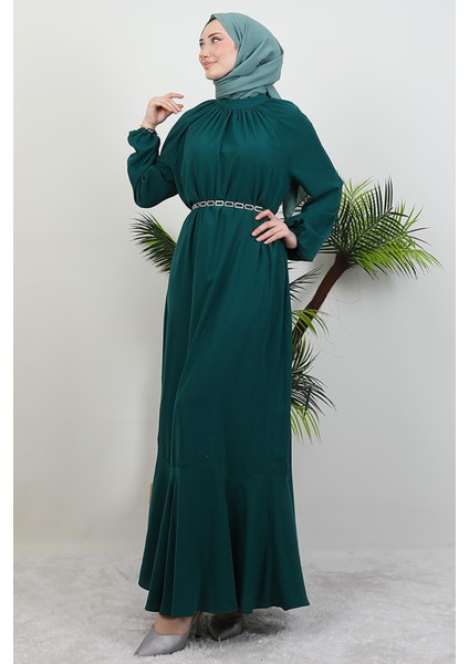 Zincir Kuşaklı Tesettür Elbise Zümrüt