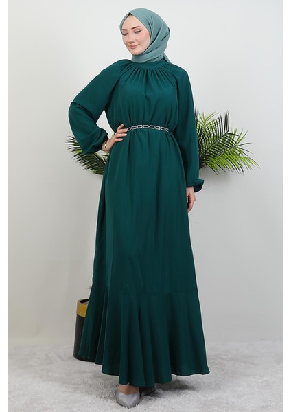 Zincir Kuşaklı Tesettür Elbise Zümrüt fiyatları