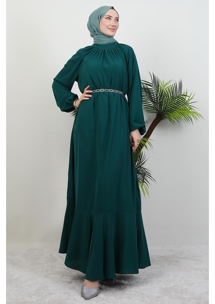 Zincir Kuşaklı Tesettür Elbise Zümrüt modelleri