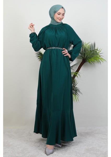 Zincir Kuşaklı Tesettür Elbise Zümrüt fırsatları