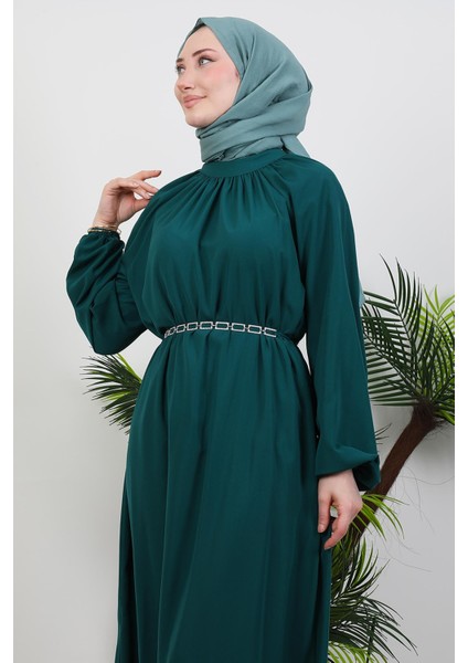 Zincir Kuşaklı Tesettür Elbise Zümrüt indirimleri