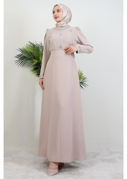 Lalin Çiçek Taşlı Elbise Açık Pudra