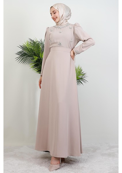 Lalin Çiçek Taşlı Elbise Açık Pudra fiyatları