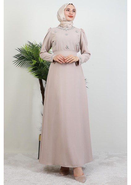 Lalin Çiçek Taşlı Elbise Açık Pudra modelleri