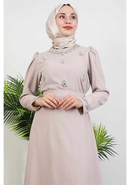 Lalin Çiçek Taşlı Elbise Açık Pudra indirimleri