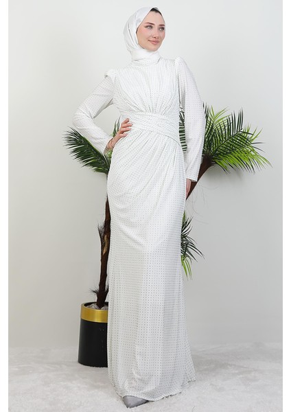Taşlı Buzy Pileli Elbise Beyaz modelleri
