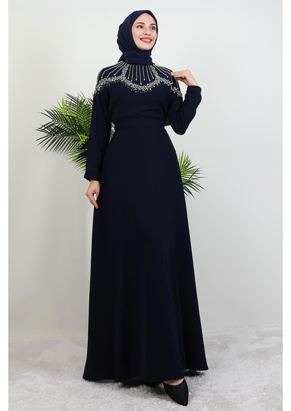 Nisan Taşlı Elbise Koyu Lacivert