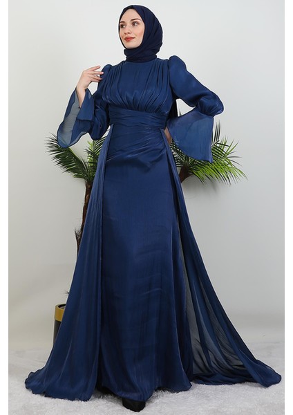 Kolu Volanlı Yoryo Elbise Lacivert
