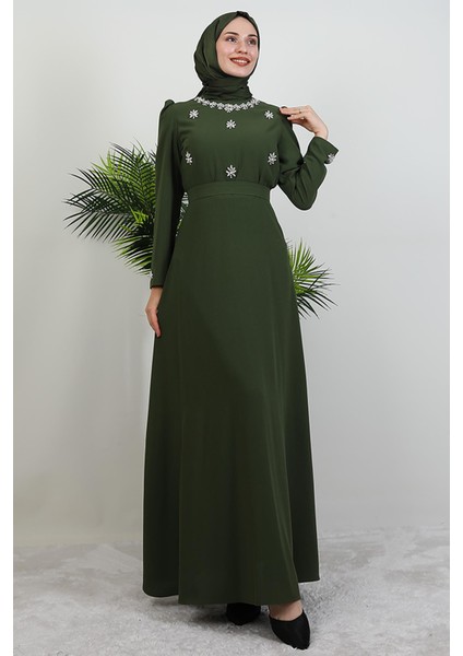 Lalin Çiçek Taşlı Elbise Haki