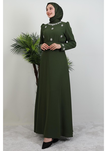 Lalin Çiçek Taşlı Elbise Haki modelleri