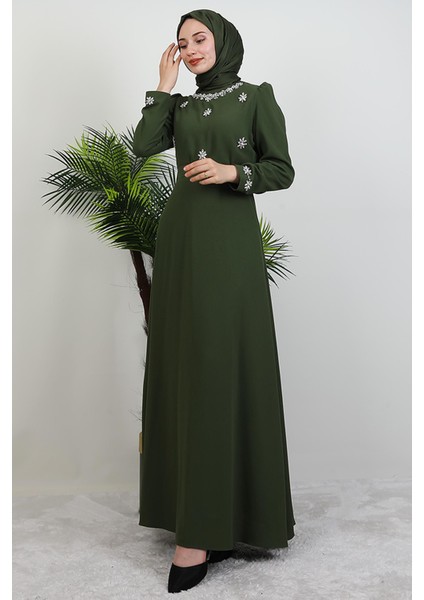 Lalin Çiçek Taşlı Elbise Haki fırsatları