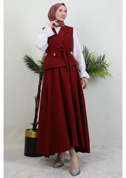 Yakalı Etekli Takım Bordo