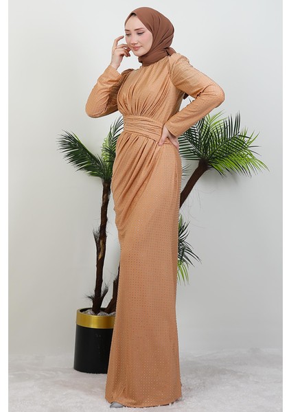 Taşlı Buzy Pileli Elbise Sütlükahve fiyatları