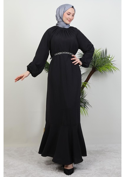 Zincir Kuşaklı Tesettür Elbise Koyu Gri fiyatları