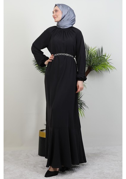 Zincir Kuşaklı Tesettür Elbise Koyu Gri modelleri