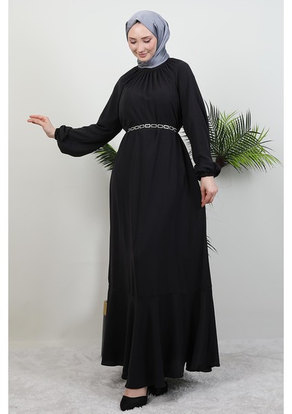 Zincir Kuşaklı Tesettür Elbise Koyu Gri fırsatları