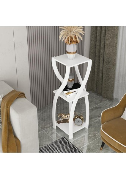 Dekoratif Yan Sehpa , Çiçeklik , Saksılık - Beyaz